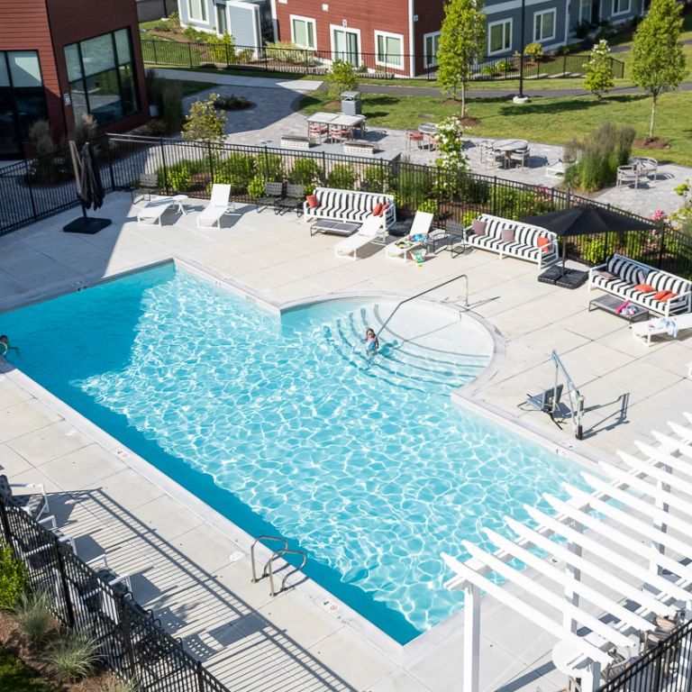 The Curtis Aerial View of Pool and Outdoor Lounge Area